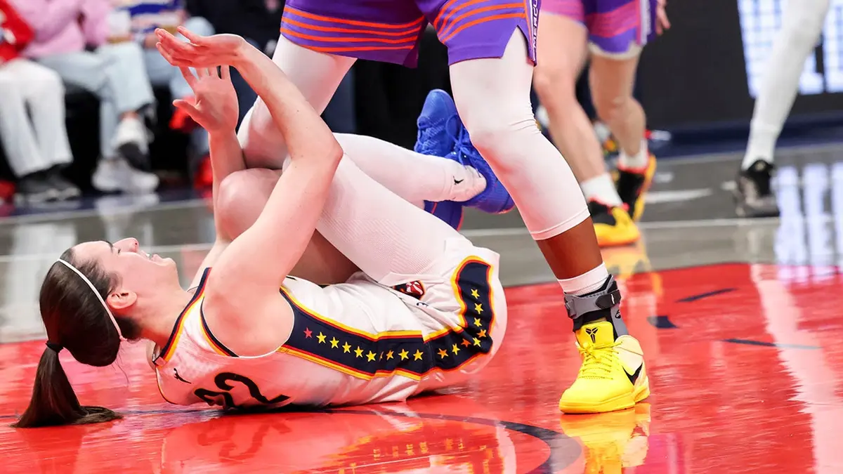 Caitlin Clark falling during a game in Indianapolis