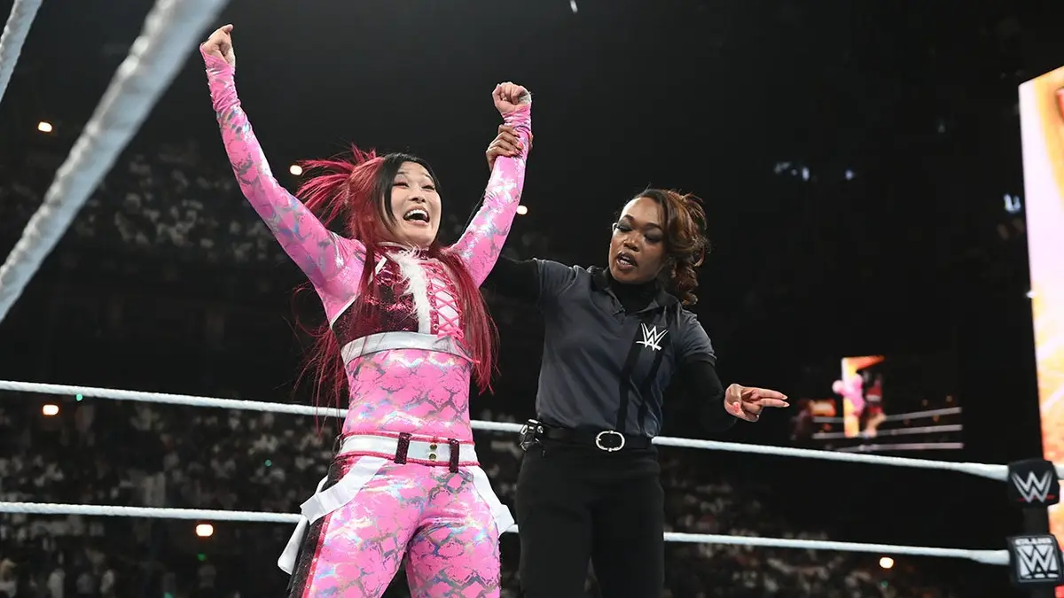 Iyo Sky celebrating in the ring after defeating Liv Morgan at Kingdom Arena in Riyadh