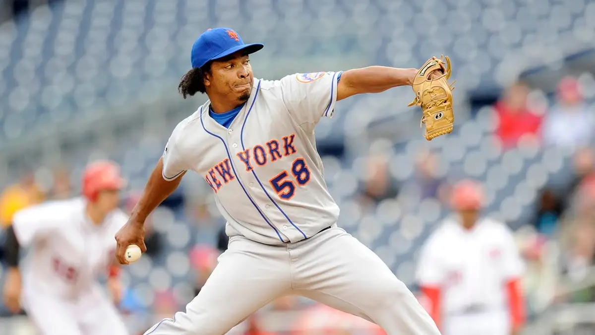 Jenrry Mejia pitching for the New York Mets at Nationals Park in Washington, D.C.