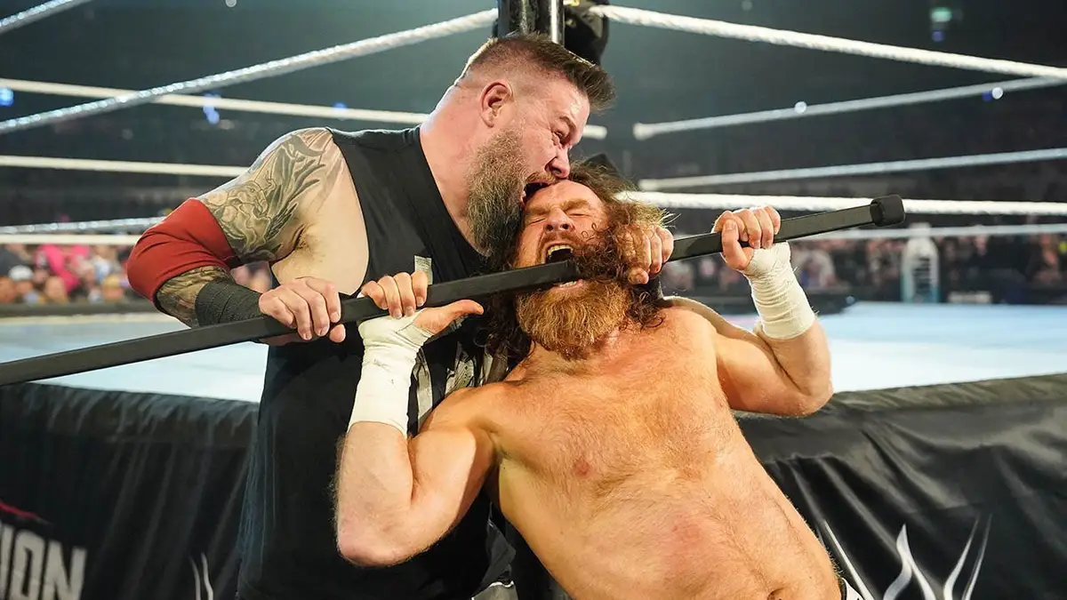 Kevin Owens wrestling Sami Zayn in WWE Elimination Chamber match at Rogers Centre Toronto