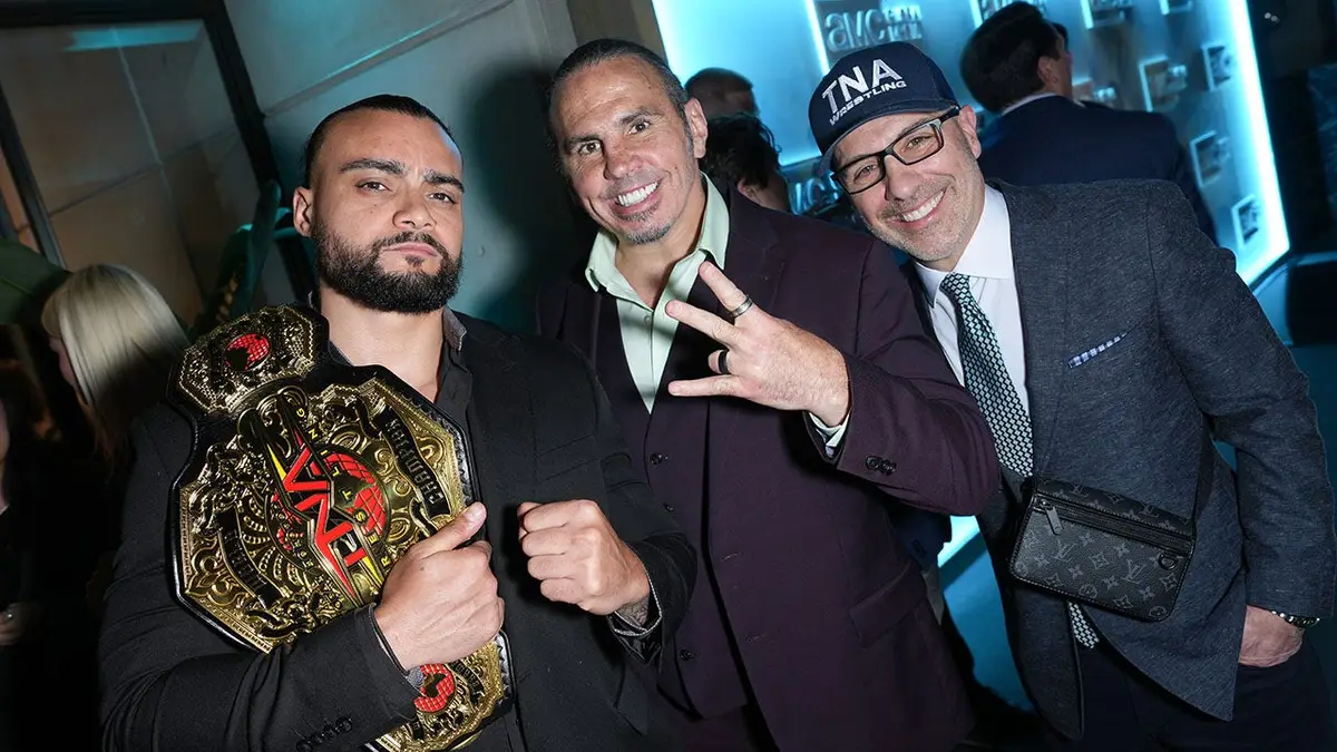Mike Santana and Matt Hardy standing together at AMC Networks event in New York City